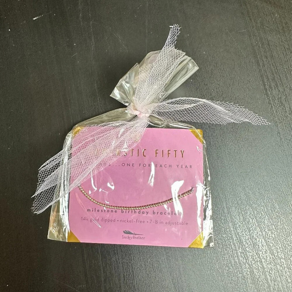 NIB LUCKY FEATHER 14K Gold Dipped Milestone 50th Birthday Stretch Bracelet - Picture 6 of 7